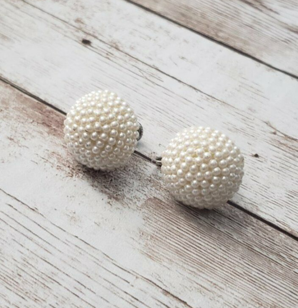 Vintage Clip On Earrings Faux Pearl Wrapped Dome Just Over 0.75" Wide